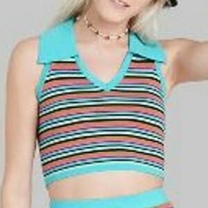 Wild Fable Cropped Jacquard Striped Polo Shirt in Blue/Pink/Green/Brown Size XL